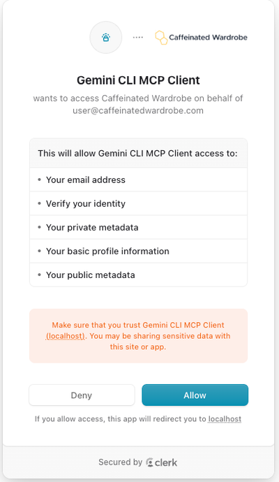 The OAuth consent screen to allow Gemini CLI access to a Caffeinated Wardrobe account
